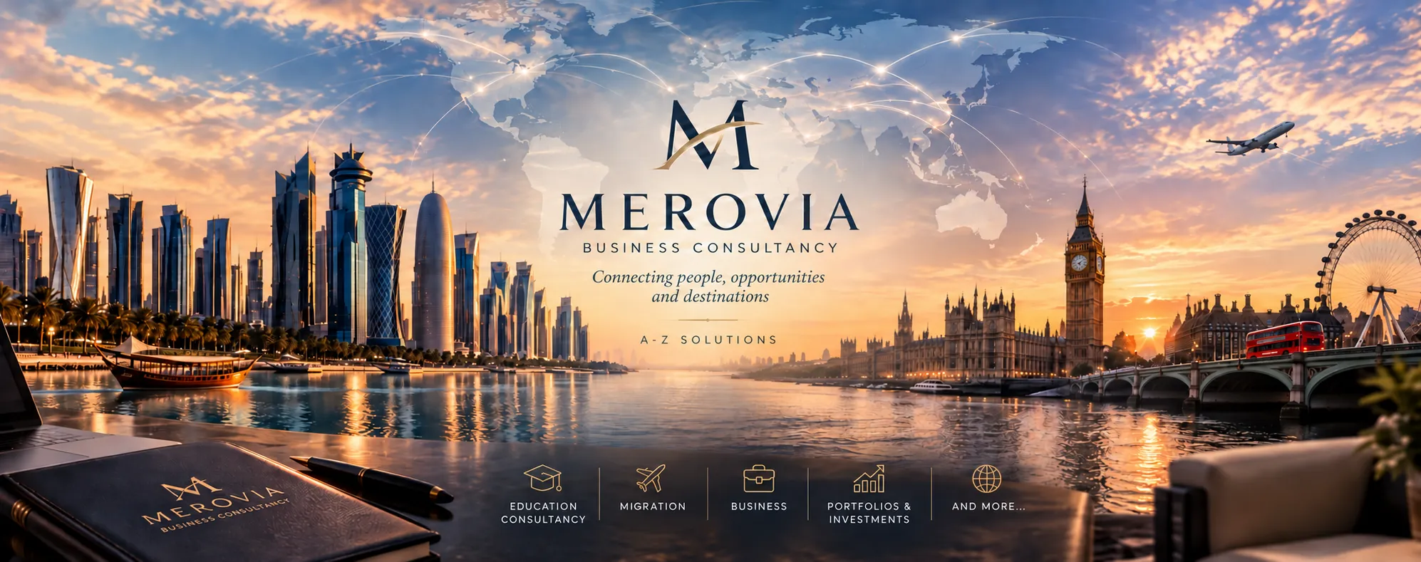 Merovia Business Consultancy — the Doha skyline and London’s Westminster at sunset beneath a world map, with the words “Connecting people, opportunities and destinations”
